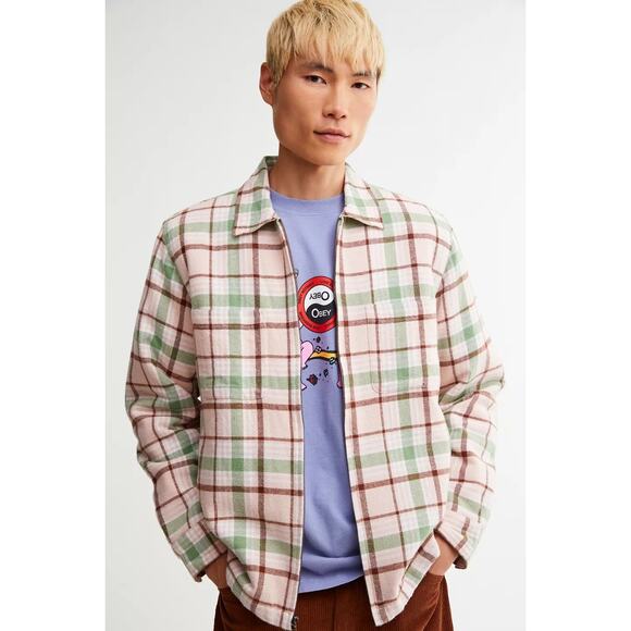 New Urban Outfitters OBEY Dom Plaid Shirt Jacket $120 MEDIUM Pink Clay - Picture 1 of 8